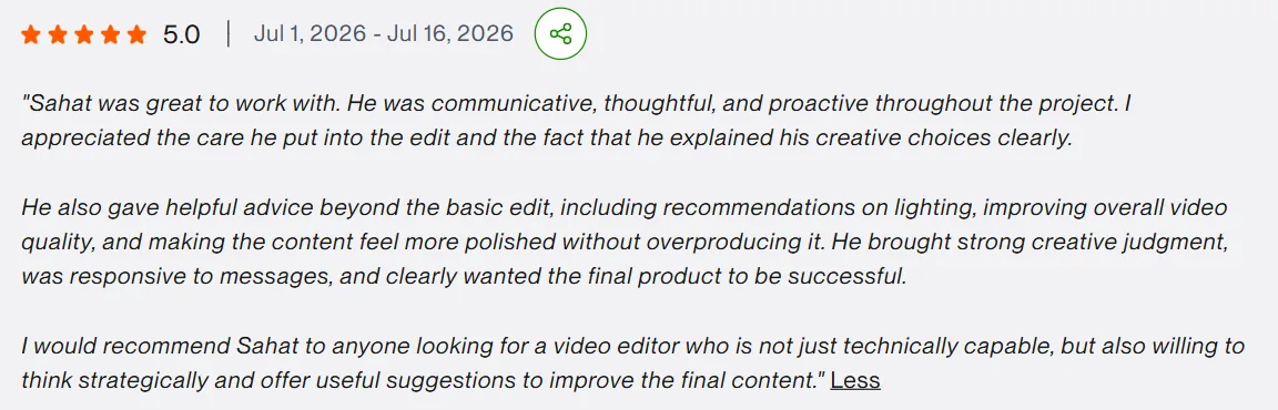Five star Upwork review from Colby Noe praising communication, creative judgement and strategic suggestions beyond the basic edit